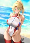  1girl bare_shoulders blonde_hair blurry blurry_background blush breasts covered_navel fate/apocrypha fate/grand_order fate_(series) front_zipper_swimsuit green_eyes hair_ornament hair_scrunchie highres huge_breasts leotard long_hair looking_at_viewer meme_attire mordred_(fate) mordred_(fate/apocrypha) one-piece_swimsuit parted_bangs ponytail ranhatu red_scrunchie scrunchie sidelocks smile solo swimsuit thick_thighs thighhighs thighs turtleneck_leotard 