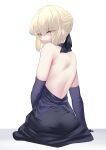  1girl absurdres artoria_pendragon_(fate) bare_back black_dress black_ribbon blonde_hair braid dress fate/grand_order fate_(series) from_behind hair_ribbon highres looking_at_viewer looking_back okuma707 ribbon saber_alter short_hair simple_background sitting solo white_background yellow_eyes 
