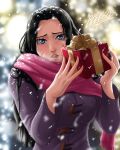  1girl alternate_costume artist_name bbdbg03 black_hair blue_eyes boa_hancock coat gift highres holding holding_gift long_hair looking_at_viewer one_piece open_mouth outdoors pink_scarf purple_coat scarf snowing solo teeth upper_body upper_teeth_only 
