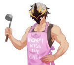  1boy alternate_costume apron armpit_crease bare_shoulders chef english_commentary english_text hand_on_own_hip holding honkai_(series) honkai_impact_3rd jae_roku kalpas_(honkai_impact) male_focus mask muscular muscular_male short_hair solo tank_top transparent_background upper_body white_hair 