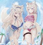  2girls absurdres animal_collar animal_ear_fluff animal_ears artist_request beach belt belt_collar bikini black_collar blonde_hair blue_bikini blue_brooch blue_eyes blue_hair breasts cleavage collar collarbone colored_inner_animal_ears crystal_horn dog_ears dog_girl dog_tail frilled_bikini frills fuwawa_abyssgard hair_between_eyes hair_ornament hairband hairpin hand_in_own_hair headband highres hololive hololive_english large_breasts long_hair looking_at_viewer midriff mococo_abyssgard multicolored_hair multiple_girls navel open_mouth outdoors palm_leaf palm_tree palms pink_belt pink_brooch pink_eyes pink_hair pink_hairband pink_headband sarong short_hair siblings sisters spiked_collar spikes streaked_hair sun swimsuit tail thigh_belt thigh_strap thighs tree twins virtual_youtuber water x_hair_ornament 