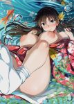  1girl absurdres air_bubble black_hair blush breasts breasts_out bubble fish floral_print hair_ornament highres japanese_clothes kimono large_breasts long_hair looking_at_viewer nicoby nipples obi off_shoulder open_clothes open_kimono original print_kimono sash smile solo tabi underwater wide_sleeves 