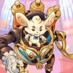  1boy body_fur brown_fur cafe_cuties_rumble fork gloves league_of_legends long_pointy_ears long_sleeves mecha multicolored_background necktie phantom_ix_row pointy_ears robot rumble_(league_of_legends) short_necktie smile solo sparkle standing striped_necktie white_gloves yordle 