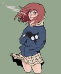  1girl absurdres animal black_cat blush cat cigarette dentedhood flcl green_background highres holding lips red_hair sailor_collar samejima_mamimi school_uniform simple_background skirt smoking solo takkun_(flcl) 