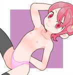  1girl arm_up black_thighhighs flat_chest hair_ornament mayl_sakurai_(mega_man) mega_man_(series) mega_man_battle_network_(series) nipples no_navel panties pink_eyes pink_hair pink_panties short_hair sicky_(pit-bull) smile solo thighhighs underwear 