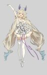  1girl absurdres ahoge arm_up bare_shoulders blonde_hair blush bouquet bow breasts dress enna_alouette flower grey_background hair_between_eyes hair_bow hair_flower hair_ornament head_wings highres holding holding_bouquet lai_dou_laile_555 long_hair looking_at_viewer low_twintails multicolored_hair nijisanji nijisanji_en off-shoulder_dress off_shoulder open_mouth purple_eyes simple_background small_breasts smile solo thighhighs twintails two-tone_hair very_long_hair white_dress white_thighhighs wings zettai_ryouiki 