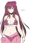  1girl artist_name bikini breasts cleavage cowboy_shot dated fate/grand_order fate_(series) flower hair_flower hair_ornament highres looking_at_viewer purple_eyes purple_hair sarong scathach_(fate) scathach_(swimsuit_assassin)_(fate) smile solo swimsuit taira_yuuki white_background 