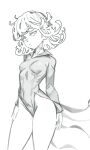  1girl arms_at_sides breasts collarbone covered_navel cowboy_shot dress greyscale groin highres lw_goombang medium_hair messy_hair monochrome one-punch_man small_breasts solo standing tatsumaki unfinished 