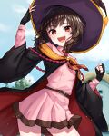  1girl :d belt black_gloves blue_sky brown_hair clenched_hand cowboy_shot day dress fingerless_gloves gloves hand_on_headwear hat kono_subarashii_sekai_ni_shukufuku_wo! long_sleeves looking_at_viewer megumin open_mouth outdoors pensuke pink_dress purple_headwear red_eyes short_hair sky smile solo teeth upper_teeth_only witch_hat 