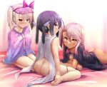  3girls ass back barefoot black_cape black_hair blush bow breasts brown_eyes cape chloe_von_einzbern collarbone dark-skinned_female dark_skin fate/grand_order fate/kaleid_liner_prisma_illya fate_(series) feather_hair_ornament feathers feet hair_between_eyes hair_ornament hairclip highres illyasviel_von_einzbern illyasviel_von_einzbern_(swimsuit_archer) illyasviel_von_einzbern_(swimsuit_archer)_(second_ascension) long_hair looking_at_viewer looking_back lying miyu_edelfelt multiple_girls naked_cape on_stomach one_side_up orange_eyes pink_hair red_bow red_eyes seiza sen_(astronomy) sidelocks sitting small_breasts smile soles star_(symbol) star_print thighs toes twintails visor_cap wariza white_cape white_hair 