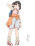  1girl armpits backpack bag black_hair blush brown_hair clothes_around_waist ikumono jacket jacket_around_waist kuraue_hinata looking_at_viewer loose_socks purple_eyes shoes short_hair shorts simple_background smile sneakers socks spaghetti_strap tank_top twintails watch wristwatch yama_no_susume 