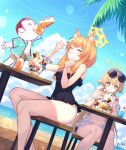  1boy 2girls absurdres alternate_costume animal_ear_fluff animal_ears arona&#039;s_sensei_doodle_(blue_archive) artist_name beach bikini black_one-piece_swimsuit bld_zi blonde_hair blue_archive blush cellphone chair closed_eyes closed_mouth cloud drinking eating eyewear_on_head flower food fox_ears frilled_bikini frilled_one-piece_swimsuit frills hair_flower hair_ornament hairpin halo hifumi_(blue_archive) hifumi_(swimsuit)_(blue_archive) highres holding holding_phone holding_spoon ice ice_cream juice light_blush long_hair multiple_girls ocean official_alternate_costume on_table one-piece_swimsuit open_mouth orange_hair orange_juice palm_tree parfait peroro_(blue_archive) phone sand sensei_(blue_archive) sitting smartphone smartphone_case spoon sunglasses sunlight swimsuit table taking_picture tongue tongue_out tree twintails very_long_hair white_bikini white_flower 