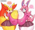  anthro big_breasts bottomwear breast_squish breasts breasts_frottage cleavage clothed clothing eeveelution female female/female fennekin generation_6_pokemon headgear headwear huge_breasts hyper hyper_breasts matospectoru nintendo nurse_clothing nurse_headwear pokemon pokemon_(species) skirt squish sylveon thick_thighs 