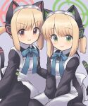  2girls :d animal_ear_headphones animal_ears apron between_legs black_dress blonde_hair blue_archive blue_bow bow collared_dress commentary_request dress fake_animal_ears green_eyes grey_background halo hand_between_legs headphones highres long_sleeves m.m maid maid_apron maid_headdress midori_(blue_archive) midori_(maid)_(blue_archive) momoi_(blue_archive) momoi_(maid)_(blue_archive) multiple_girls puffy_long_sleeves puffy_sleeves red_eyes siblings sidelocks simple_background sisters smile tail twins twintails v-shaped_eyebrows white_apron 