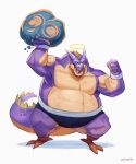  2_horns 3_toes anthro biceps clothed clothing dragon_ball facial_horn fangs feet gamutfeathers halo hi_res horn male maraikoh musclegut nose_horn overweight pecs solo talons teeth toes topless 