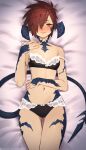  1girl au_ra avatar_(ff14) bed_sheet black_bra black_panties blush bra breasts closed_mouth dragon_girl dragon_horns dragon_tail final_fantasy final_fantasy_xiv hair_over_one_eye highres horns looking_at_viewer lying navel on_back panties red_hair scales short_hair small_breasts smile solo tail tostantan underwear underwear_only yellow_eyes 