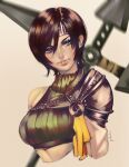  1girl armor blurry blurry_background breasts brown_eyes brown_hair charmiisan crop_top cropped_torso final_fantasy final_fantasy_vii final_fantasy_vii_remake highres light_smile lips looking_at_viewer maid_headdress medium_breasts portrait ribbon short_hair shoulder_armor shuriken single_bare_shoulder sleeveless sleeveless_turtleneck solo turtleneck upper_body weapon weapon_on_back yellow_ribbon yuffie_kisaragi 