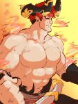  1boy abs bara character_request cow_boy cow_horns dragalia_lost from_side highres horns large_horns large_pectorals looking_ahead male_focus muscular muscular_male nipples pectorals piikeisandaa pointy_ears scar scar_on_face scar_on_mouth short_hair solo stomach strongman_waist thick_eyebrows topless_male 