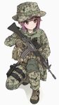  1girl assault_rifle boonie_hat brown_gloves brown_hair camouflage camouflage_headwear camouflage_jacket camouflage_pants gloves green_jacket green_pants gun highres howa_type_89 jacket japan_ground_self-defense_force japan_self-defense_force karuvo816 military military_uniform original pants pink_hair rifle scope solo squatting trigger_discipline uniform weapon white_background woodland_camouflage 