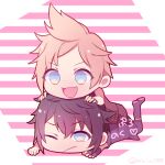  2boys black_hair blonde_hair boots chibi final_fantasy final_fantasy_xv fingerless_gloves freckles gloves highres lying lying_on_person male_focus mirin. multiple_boys noctis_lucis_caelum on_stomach one_eye_closed pink_stripes prompto_argentum spiked_hair striped striped_background twitter_username 