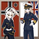  2girls anchor_symbol animal_ears badge black_headwear black_necktie black_ribbon blonde_hair blue_eyes blue_headwear blue_jacket blue_pants border breast_pocket brown_hair buttoned_cuffs chinese_commentary closed_mouth commentary_request cowboy_shot cross feet_out_of_frame flag_background germany gloves grey_border hair_ornament hairclip hand_on_own_hip hat hat_ornament hat_removed headwear_removed highres holding holding_smoking_pipe iron_cross jacket kriegsmarine lapels long_hair long_sleeves looking_at_viewer lop_rabbit_ears military military_hat military_jacket military_uniform monocle multicolored_ribbon multiple_girls naval_flag naval_uniform navy nazi_war_ensign necktie notched_lapels on_stool original outline outside_border own_hands_together pants parted_lips peaked_cap peaked_lapels pocket rabbit_ears red_ribbon reichsadler ribbon ribbon_bar royal_navy shield_hair_ornament shirt sitting smile smoking_pipe star_(symbol) stool striped striped_jacket swastika uniform union_jack united_kingdom weimar_29 white_gloves white_hair white_headwear white_outline white_ribbon white_shirt world_war_ii 