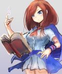  1girl ascot blue_eyes blush book breasts brown_hair capelet castlevania castlevania:_portrait_of_ruin charlotte_aulin closed_mouth dress hatano_kiyoshi highres long_hair simple_background skirt solo 