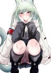  1girl absurdres animal_ear_fluff animal_ears arknights black_skirt cameltoe cardigan cat_ears cat_girl cat_tail closed_mouth green_eyes green_hair grey_cardigan grey_socks harmonie_(arknights) heart highres jacket jacket_on_shoulders kokihanada long_hair long_sleeves looking_at_viewer panties pantyshot simple_background skirt smile socks solo squatting tail underwear white_background white_panties 