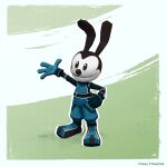  1:1 2023 4_fingers anthro biped black_and_white_body black_body black_nose border clothed clothing disney fingers fully_clothed grin hand_on_hip hi_res lagomorph leporid long_ears male mammal oswald_the_lucky_rabbit rabbit racing_suit smile solo standing teal_clothing unknown_artist white_body white_border 