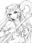 1girl breasts collarbone diadem dress forehead_jewel greyscale holding holding_staff jewelry kid_icarus kid_icarus_uprising long_hair looking_at_viewer monochrome open_mouth palutena pendant smile solo staff strapless strapless_dress ten_(tenchan_man) upper_body vambraces very_long_hair 