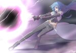  1girl black_pantyhose blue_hair fingerless_gloves full_body gloves green_eyes gun highres long_hair maria_traydor open_mouth pantyhose skirt solo star_ocean star_ocean_till_the_end_of_time strail_cycleman weapon 