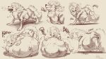  anthro arcanine belly big_belly canid canine digestion digestion_noises generation_1_pokemon hi_res lunlunfox male mammal monochrome multiple_prey nintendo oral_vore pokemon pokemon_(species) rumbling_stomach simple_background solo struggling struggling_prey swallowing tongue vore 