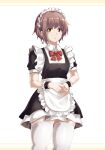  1girl 627247421 absurdres alternate_costume apron black_dress bow bowtie brown_eyes closed_mouth collared_dress commentary_request cowboy_shot dress earrings expressionless highres jewelry looking_at_viewer maid maid_apron nagato_yuki puffy_short_sleeves puffy_sleeves purple_hair red_bow red_bowtie short_hair short_sleeves simple_background solo standing suzumiya_haruhi_no_yuuutsu thighhighs white_background white_thighhighs wrist_cuffs 