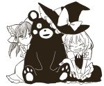  2girls aged_down apron bear bow braid child closed_eyes commentary_request detached_sleeves frilled_bow frills greyscale grin hair_bow hair_tubes hakurei_reimu hat hat_bow hiding hiding_behind_another kirisame_marisa kumamon light_blush long_hair looking_at_viewer monochrome multiple_girls neck_ribbon ribbon short_sleeves side_braid simple_background single_braid skirt smile touhou vest waist_apron white_background witch_hat yonu_(yonurime) 