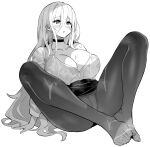  1girl azur_lane azur_lane:_slow_ahead breasts choker cleavage greyscale hori_(hori_no_su) implacable_(azur_lane) implacable_(shepherd_of_the_&quot;lost&quot;)_(azur_lane) large_breasts long_bangs long_hair monochrome off_shoulder official_alternate_costume official_art open_mouth panties panties_under_pantyhose pantyhose shirt skirt solo underwear very_long_hair wet wet_clothes wet_shirt 
