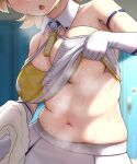  1girl :o arisu_kazumi bare_shoulders belly blonde_hair blue_archive blush breast_lift breasts cheerleader clothes_lift collarbone commentary_request covered_nipples crop_top gloves head_out_of_frame indoors kotori_(blue_archive) kotori_(cheer_squad)_(blue_archive) large_breasts lifted_by_self locker locker_room midriff millennium_cheerleader_outfit_(blue_archive) muffin_top navel nipples open_mouth plump shirt_lift short_hair skirt solo stomach sweat sweatdrop towel twitter_username underboob upper_body white_gloves white_skirt 