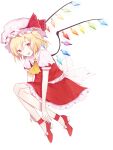  1girl back_bow blonde_hair blue_nails bow collared_shirt crystal flandre_scarlet frilled_shirt_collar frilled_sleeves frills from_side full_body hat hat_ribbon large_bow looking_at_viewer looking_to_the_side medium_hair mob_cap multicolored_wings nail_polish no_socks one_side_up open_mouth perri_(mnemosine) puffy_short_sleeves puffy_sleeves red_bow red_eyes red_footwear red_ribbon red_skirt red_vest ribbon ribbon-trimmed_headwear ribbon_trim shirt short_sleeves simple_background skirt skirt_set sleeve_bow sleeve_ribbon solo teeth touhou upper_teeth_only vest white_background white_bow white_headwear white_shirt wings 