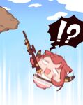  !? animal_ears aru_(blue_archive) blank_eyes blue_archive bowl cat_ears demon_horns falling getting_over_it gun highres holding holding_gun holding_weapon horns in_bowl in_container motion_blur red_hair spoken_interrobang sweatdrop urode weapon 