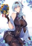  1girl absurdres asymmetrical_gloves bare_shoulders black_dress black_gloves black_hairband black_pantyhose blue_flower blue_hair blue_rose blue_shawl blush bouquet breasts cleavage closed_mouth covered_navel dress elbow_gloves eula_(genshin_impact) flower genshin_impact gloves hairband half-closed_eyes hand_up highres hiroshi_(2443303124) large_breasts lips medium_hair orange_eyes pantyhose petals rose see-through_cleavage see-through_cutout shawl sleeveless sleeveless_dress smile solo sunflower uneven_gloves variant_set white_background 