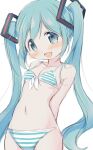  1girl :d absurdres aqua_bikini aqua_eyes aqua_hair arms_behind_back bikini blush breasts collarbone commentary_request hatsune_miku highres hitode long_hair looking_at_viewer open_mouth simple_background small_breasts smile solo swimsuit twintails very_long_hair vocaloid white_background 