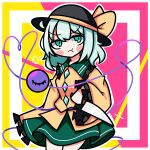  1girl :t =3 absurdres black_headwear blush blush_stickers bow buttons diamond_button frilled_shirt_collar frilled_sleeves frills green_eyes green_hair green_skirt hat hat_bow heart heart_of_string highres holding holding_knife knife komeiji_koishi light_green_hair long_sleeves looking_to_the_side medium_hair pink_background pout shirt skirt sleeves_past_wrists solo standing third_eye touhou two-tone_background waroemon weapon yellow_background yellow_bow yellow_shirt 