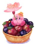  blue_eyes blueberry blush_stickers cherry_blossoms cranberry flower food food_focus fruit fruit_tart hat highres holding holding_flower kirby kirby_(series) leaf looking_at_viewer miclot mini_hat no_humans open_mouth pink_flower simple_background sweets tart_(food) white_background 