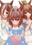 3girls absurdres aston_machan_(umamusume) bare_shoulders bouquet bow brown_hair closed_mouth daiwa_scarlet_(something_blue)_(umamusume) daiwa_scarlet_(umamusume) dress ear_ornament finger_to_mouth green_eyes hair_intakes hair_ornament hair_over_one_eye highres holding holding_bouquet horse_girl looking_at_viewer multicolored_hair multiple_girls official_alternate_costume open_mouth pink_bow red_hair smile streaked_hair umamusume veil vodka_(heart_ignition!!)_(umamusume) vodka_(umamusume) wedding_dress white_dress white_hair yokawa_nagi 