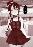  1girl bag c-ms_(girls&#039;_frontline) chair choker closed_mouth cup dress dress_tug drinking_glass gendouki girls&#039;_frontline hair_bun holding holding_bag image_sample looking_at_viewer monochrome pout railing rooftop skirt skirt_tug standing table tablecloth wine_glass 