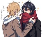  2boys black_hair black_jacket blonde_hair blush brown_jacket ensemble_stars! facing_another grey_background hakaze_kaoru ichi_maymay jacket looking_at_another male_focus medium_hair multiple_boys red_scarf sakuma_rei_(ensemble_stars!) scarf sparkle wavy_hair yaoi 