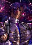  1boy bara bhima_(fate) bhima_(second_ascension)_(fate) dark-skinned_male dark_skin fate/grand_order fate_(series) glowing glowing_eyes highres large_pectorals long_hair looking_at_viewer maewenmitzuki male_focus muscular muscular_male nipples parted_bangs pectorals purple_hair smile solo sparkle_background tight_clothes upper_body v-shaped_eyebrows 