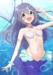  1girl :d aqua_scrunchie blush breasts choda collarbone commentary_request green_eyes hair_between_eyes highres idolmaster idolmaster_million_live! jewelry long_hair mermaid mochizuki_anna monster_girl monsterification navel necklace open_mouth pearl_necklace purple_hair scales scrunchie shell shell_bikini small_breasts smile solo sweatdrop underwater wrist_scrunchie 