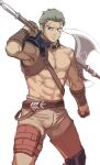  1boy abs armor armpits axe bara belt brown_eyes dieck_(fire_emblem) fire_emblem fire_emblem:_the_binding_blade green_hair highres holding holding_axe holding_weapon light_smile looking_to_the_side male_focus muscular muscular_male navel pectorals scar scar_across_eye scar_on_face short_hair shoulder_armor smile solo uruonurun v-shaped_eyebrows weapon white_background 