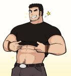  1boy abs absurdres arched_back bara beard_stubble black_eyes black_hair cowboy_shot facial_hair grin highres large_pectorals lifted_by_self looking_at_viewer lucas_lee male_focus midriff_peek muscular muscular_male navel_hair one_eye_closed osh_(mochiiros) pants pectorals scott_pilgrim_(series) shirt short_hair smile solo sparkle sparkling_aura stubble t-shirt thick_eyebrows wink_star 