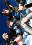  3girls :o absurdres ahoge angry animal_ears ass ass_visible_through_thighs back-to-back black_hair blue_eyes blue_panties blush brown_eyes buttons clenched_teeth cloud day dog_ears dog_girl dog_tail drum_magazine dual_wielding erica_hartmann exif_rotation fighting_stance flying gertrud_barkhorn groin gun hair_ribbon highres holding long_hair long_sleeves looking_at_viewer low_twintails lowleg lowleg_panties machine_gun magazine_(weapon) mecha_musume mg42 military military_uniform minna-dietlinde_wilcke multicolored_hair multiple_girls navel no_pants official_art open_mouth outdoors panties photoshop_(medium) purple_hair purple_panties red_eyes red_hair ribbon scan shirt short_hair sky spread_legs strap strike_witches striker_unit tail takamura_kazuhiro teeth twintails two-tone_hair underwear uniform v-shaped_eyebrows weapon white_panties wolf_ears wolf_girl world_witches_series 