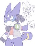  a_midnight_cat anthro bandai_namco blue_eyes blush bottomless claws clothed clothing digimon digimon_(species) embarrassed face_in_chest gumdramon headphones headphones_around_neck hi_res human jacket male mammal purple_body scalie short_stack topwear 